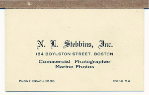 Business card for N.L. Stebbins, Inc., commercial photographer, marine photos, 184 Boylston Street, Boston, Mass., undated