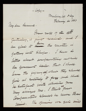 Thomas Lincoln Casey to General John Newton, February 20, 1883, copy