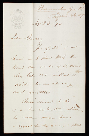 [John G.] Barnard to Thomas Lincoln Casey, April 26, 1870