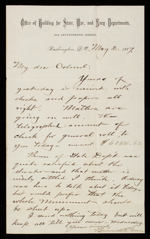 Bernard R. Green to Thomas Lincoln Casey, May 2, 1887