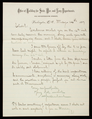 Ed. Sutherland to Thomas Lincoln Casey, May 14, 1887