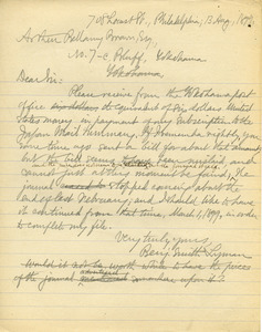 Letter from Benjamin Smith Lyman to Arthur Bellamy Brown
