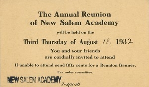 Invitation for Miss Floy Brown for the fifty-ninth annual New Salem Academy reunion