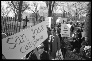 Protesters outside the White House marching against the war in Vietnam, carrying signs reading 'Clergy for peace in Vietnam,' and nun carrying a sign: 'San Jose California': Washington Vietnam March for Peace