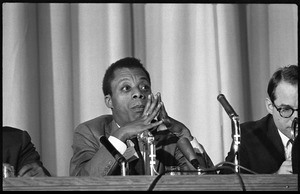 James Baldwin speaking as part of a panel at the Youth, Non-Violence, and Social Change conference, Howard University