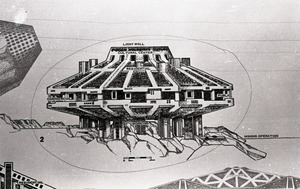 Architectural sketch of imagined city by Paolo Soleri