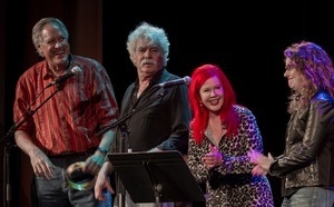Tom Rush (2d from right) with Tom Chapin, Kate Pierson, and Lucy Kaplansky on stage at the For Pete's Sake concert, Clearwater Festival, Tarrytown Music Hall