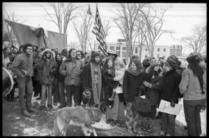 Protesters, including Elliot Blinder and Catherine Blinder, lining up during a demonstration against the invasion of Laos at the Vermont State House