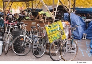 Occupy Wall Street: bicycles lined up by 'pedal power' sign