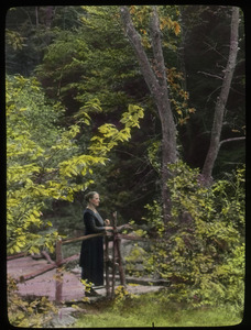 Whately Glen -woman on wooden bridge in the woods (Mrs.Waugh?)