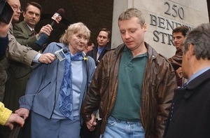 Jeffrey Scott Hornoff leads his mother Betty June Hornoff down the steps outside Superior Court after he was released on bail after serving six years for the murder of Victoria Cushman