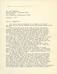 Letter from Anne B. Pedersen to Judi Chamberlin