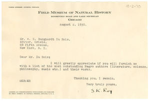 Letter from S. K. Roy to W. E. B. Du Bois