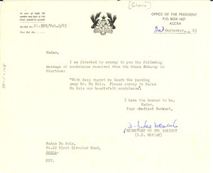 Telegram from Office of the President of Ghana to Shirley Graham Du Bois