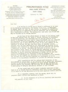 Circular letter from Organizing Committee for an International Conference on Africa to W. E. B. Du Bois