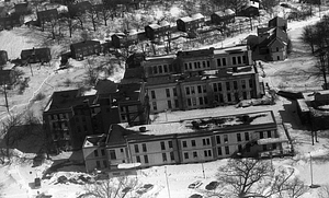 Aerial view of snowy buildings