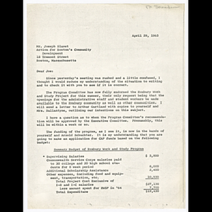 Letter to Joseph Slavet about staff openings and 1965 Roxbury Work and Study Project