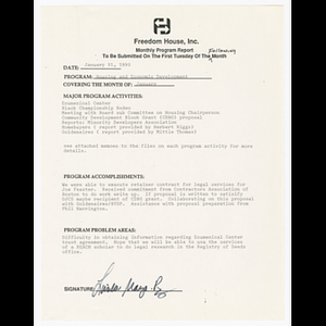 Monthly report for housing and economic development program, January 1990