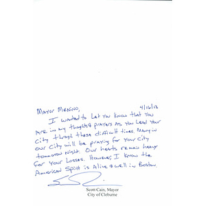 Letter from the Mayor of Cleburne, Texas, Scott Cain