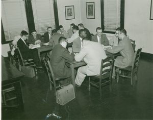 Suffolk University Law School student prepare for moot court, circa 1940s