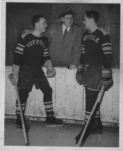 Suffolk University men's hockey coach and co-captains, 1950