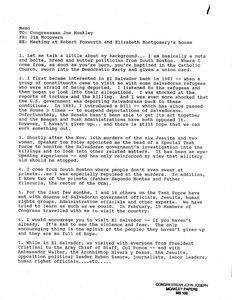 Memorandum to John Joseph Moakley from James P. McGovern regarding a meeting at Robert Foxworth and Elizabeth Montgomery's house. Document summarizes El Salvador Jesuit murders and John Joseph Moakley's involvement