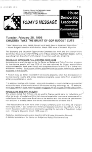 House Democratic Leadership newsletter "Today's Message: Children take the brunt of the GOP budget cuts", 28 February 1995