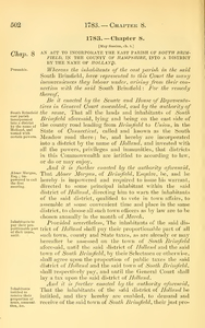 1783 Chap. 0008 An Act To Incorporate The East Parish Of South Brimfield, In The County Of Hampshire, Into A District By The Name Of Holland.