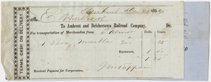 Edward Hitchcock receipt of payment to the Amherst and Belchertown Railroad Corporation, 1858 December 20