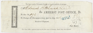Edward Hitchcock receipt for the Amherst Post Office, 1858