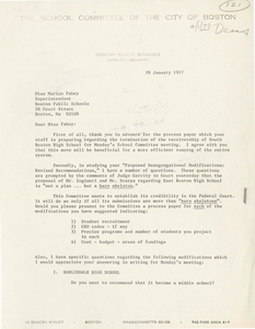 Letter from Kathleen Sullivan, Boston School Committee member, to Marion J. Fahey, Boston Public School Superintendent, 1977 January 28