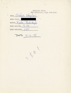 Citywide Coordinating Council daily monitoring report for Hyde Park High School by Gladys Staples, 1975 September 11