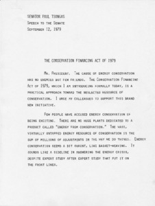 Senator Paul Tsongas' speech to the Senate: The Conservation Financing Act of 1979