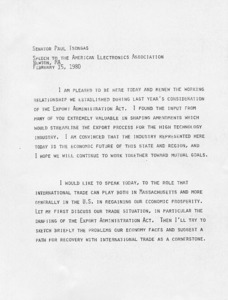 Senator Paul E. Tsongas' speech to the American Electronics Association, Newton, Massachusetts