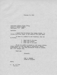 Letter to Washington Redskin Ticket Office from Paul E. Tsongas