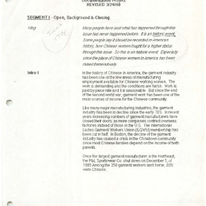 Script (revised March 24, 1988) for "Through Strength and Struggle," a video documentary about the garment workers' struggle for job training