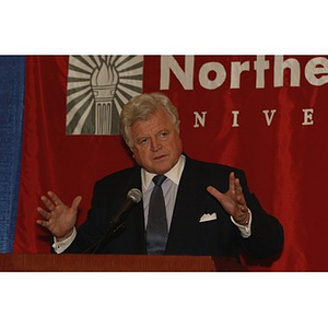 U.S. Senator Edward Kennedy (D-MA) gestures at the podium during a press conference on student aid