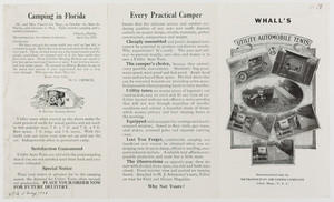 Whall's Utility Automobile Tents and camp outfits afford home comforts, manufactured only by Metropolitan Air Goods Company, Athol, Mass.