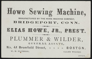 Trade cards for the Howe Sewing Machine, Howe Machine Company, Bridgeport, Connecticut, undated