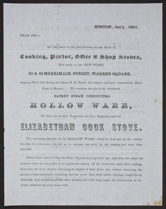 Circular for H.C. Haynes & Co., cooking, parlor, office & shop stoves, 30 & 32 Merrimack Street, Warren Square, Boston, Mass., January 1854