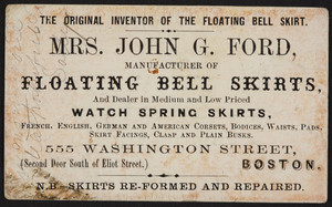 Trade card for Mrs. John G. Ford, skirts, 555 Washington Street, Boston, Mass., undated