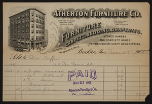 Billhead for Atherton Furniture Co., furniture, carpets, bedding, draperies, 41 Center Street, Brockton, Mass., dated March 23, 1908