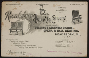 Trade card for the Readsboro Chair Mfg. Company, Readsboro, Vermont and 90 Canal Street, Boston, Mass., undated