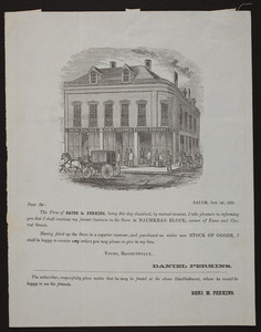 Handbill for Perkins, draper and tailor, Naumkeag Block, corner of Essex and Central Streets, Salem, Mass., January 1, 1853