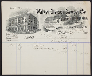 Billhead for the Walker Stetson Sawyer Co., manufacturers, importers and jobbers, Essex & Lincoln Streets, Boston, Mass., dated May 3, 1897