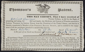 Receipt for Thomson's Patent, Samuel Thomson, Boston, Mass., dated August 17, 1839