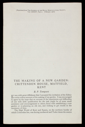 Making of a new garden, Crittenden House, Matfield, Kent, B.P. Tomsett, Journal of the Royal Horticultural Society, London, United Kingdom