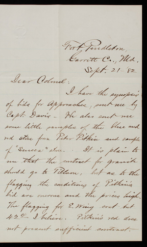 Bernard R. Green to Thomas Lincoln Casey, September 21, 1882