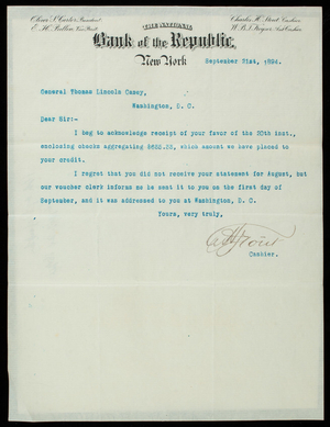 Charles H. Stout/National Bank of the Republic to Thomas Lincoln Casey, September 21, 1894