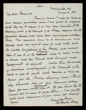 Thomas Lincoln Casey to General John Newton, March 3, 1883, copy